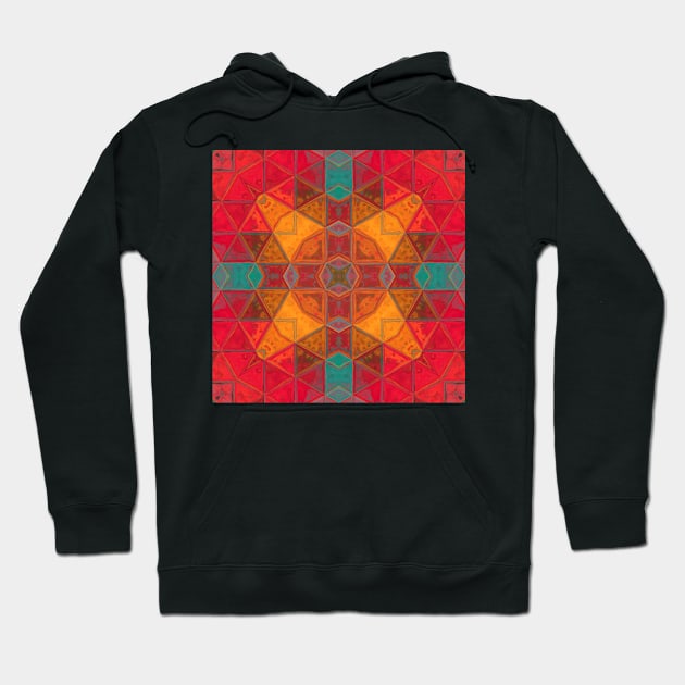 Mosaic Kaleidoscope Square Orange Red and Teal Hoodie by WormholeOrbital